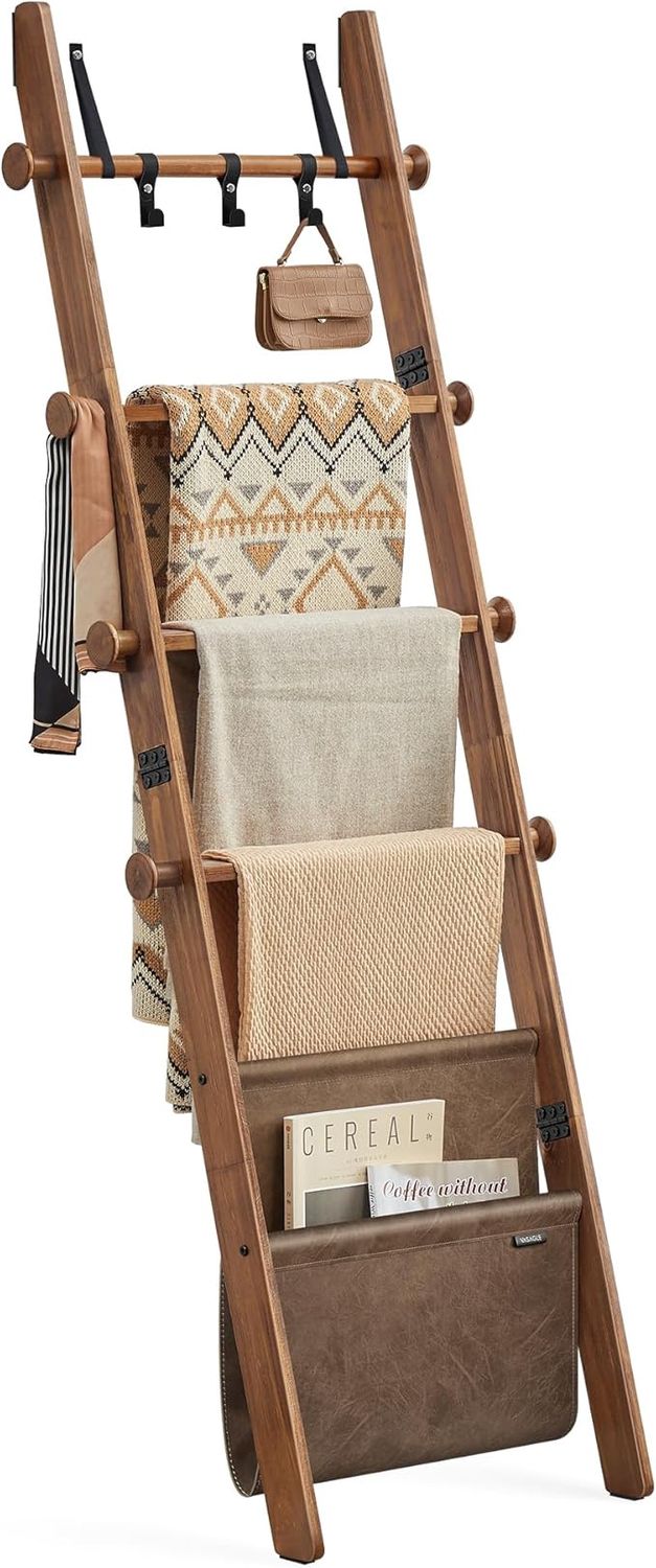 VASAGLE Blanket Ladder for Living Room, 5-Tier Wooden Ladder Shelf, Decorative