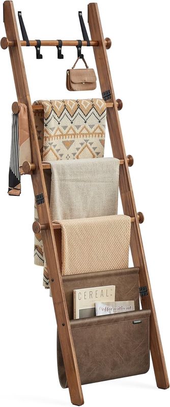 VASAGLE Blanket Ladder for Living Room, 5-Tier Wooden Ladder Shelf, Decorative
