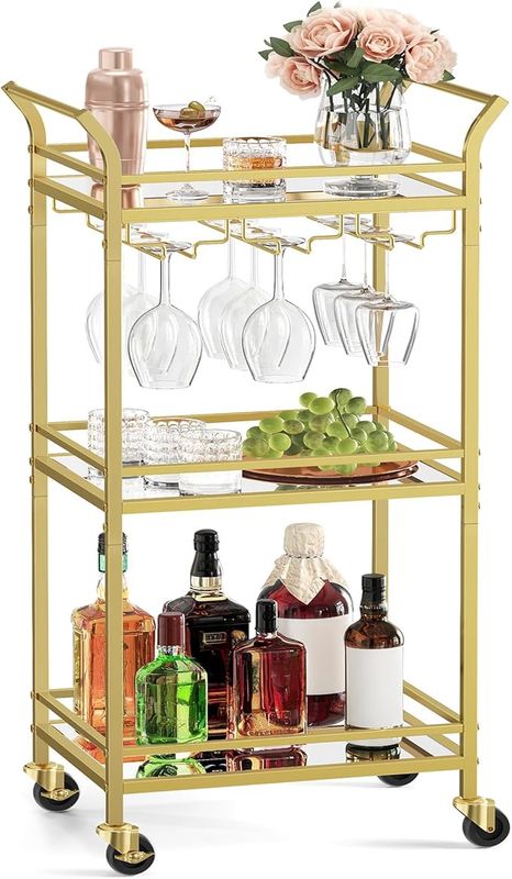 VASAGLE Bar Cart, Home Bar Serving Cart, Small Bar Serving Cart with 3-Tier Shelf