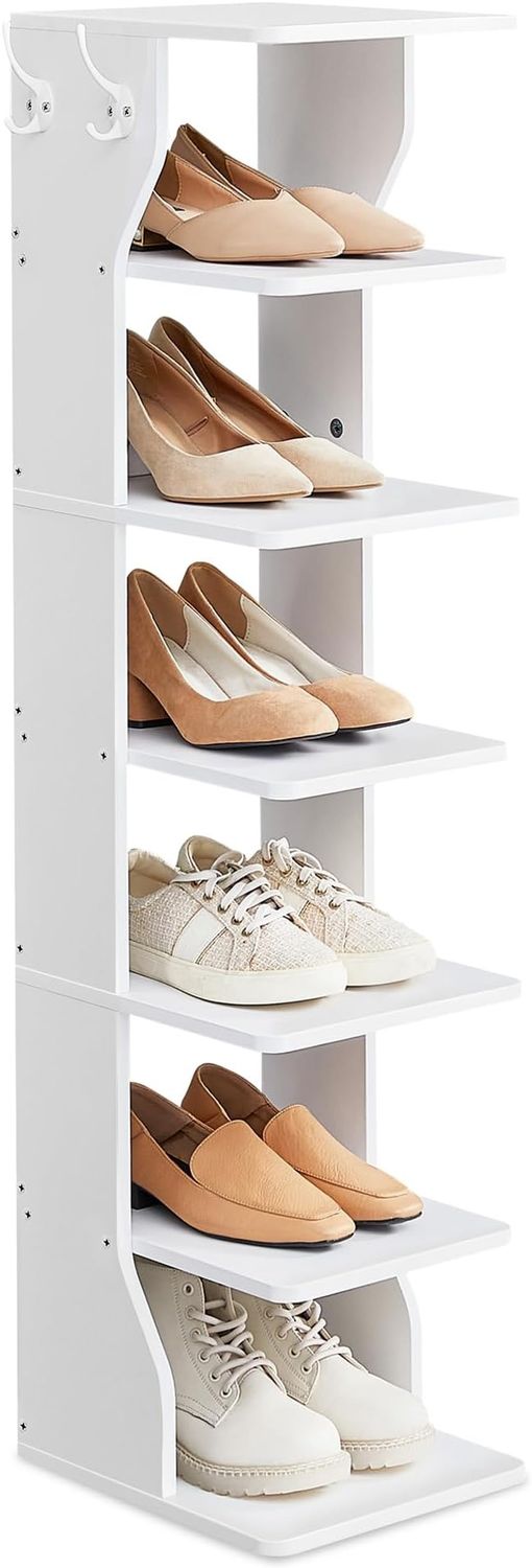 VASAGLE 7-Tier Vertical Shoe Rack, Narrow Shoe Storage Organizer with Hooks