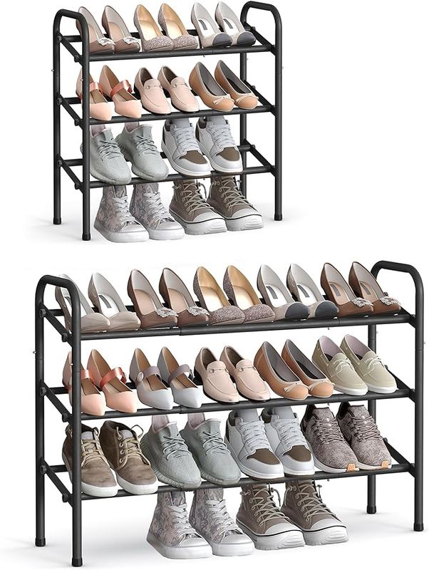 SONGMICS Expandable Shoe Rack, 3-Tier Metal Shoe Shelf Storage, Adjustable Shoe Organizer