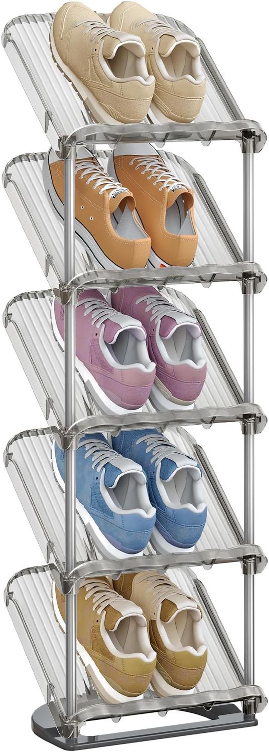 SONGMICS 5-Tier Slim Sloping Shoe Rack, Plastic Shoe Organiser, 24.5 x 28.4 x 102.5 cm