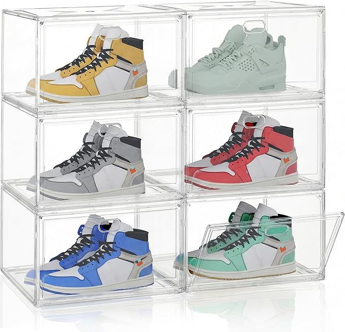 SONGMICS Stackable Shoe Boxes, Transparent Plastic Shoe Storage Organizer with Magnetic Doors,