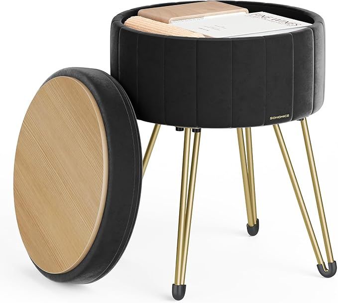 SONGMICS Vanity Stool Chair, Small Ottoman Stool with Storage, Velvet Makeup Stool