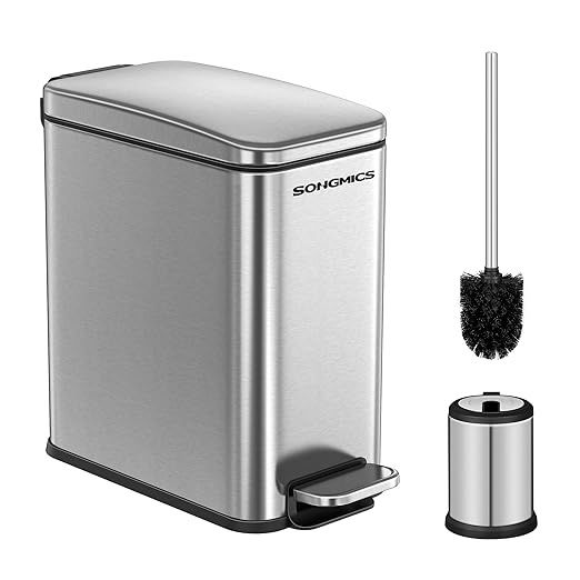 SONGMICS Bathroom Trash Can and Toilet Brush Set, 1.3 Gallon Small Trash Bin with Lid