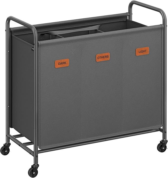 SONGMICS 3-Section Laundry Sorter, Laundry Hamper with Wheels, Rolling Clothes Hamper Cart
