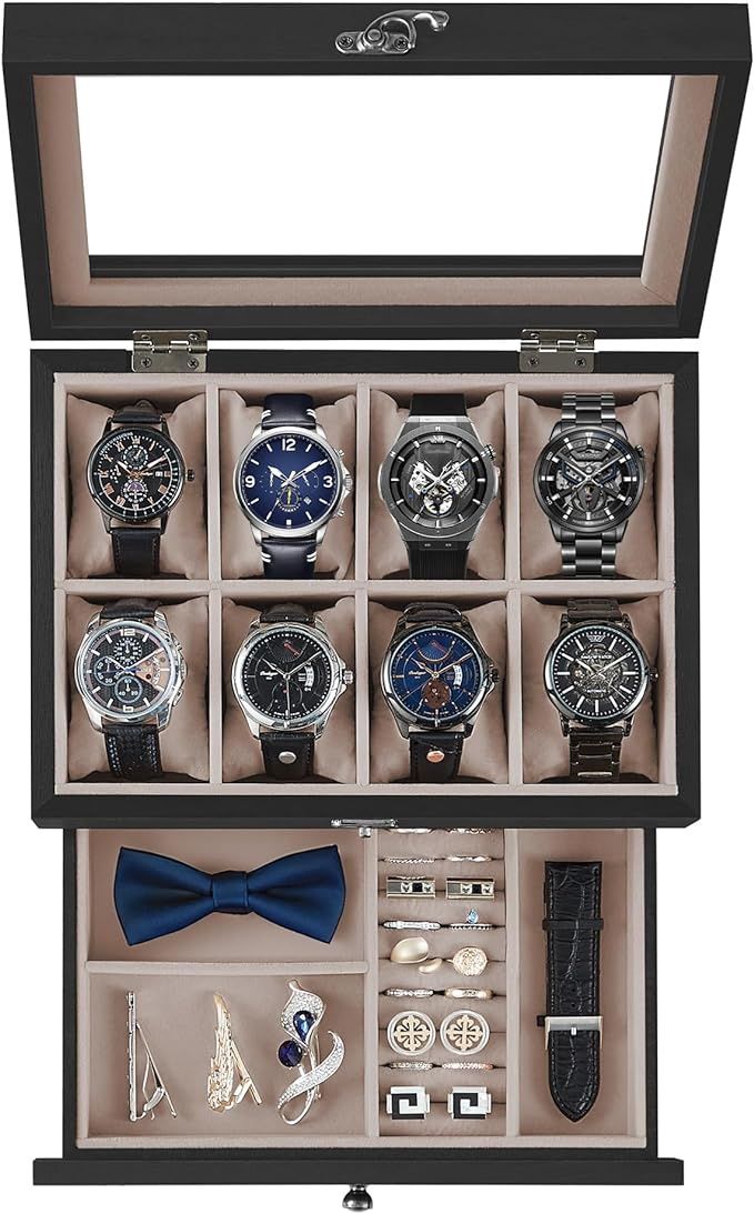 SONGMICS 8-Slot Watch Box, 2-Tier Watch Display Case with Large Glass Lid, Removable Watch