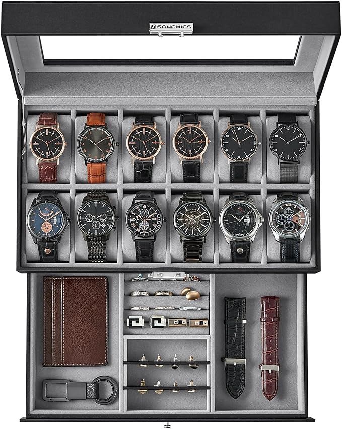 SONGMICS 12 Slots Watch Box Mens Watch Organizer Lockable Jewelry Display Case