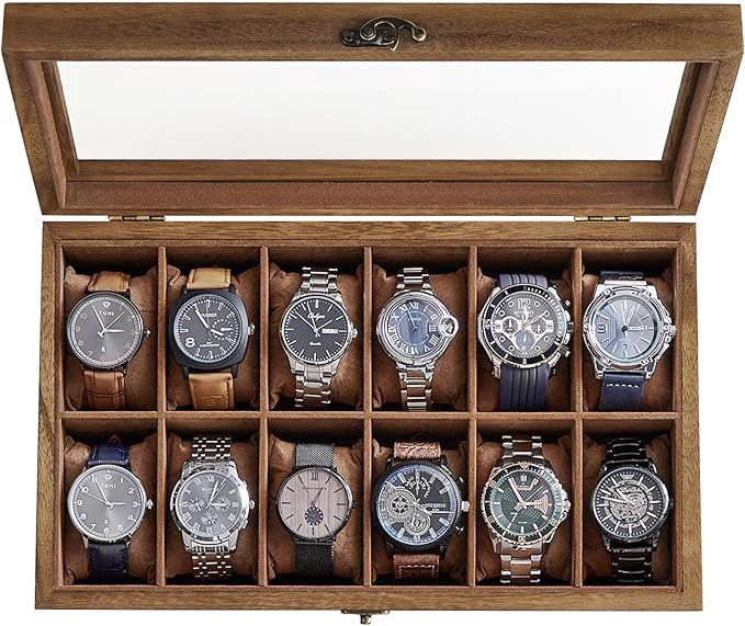 SONGMICS 12-Slot Watch Box, Watch Display Case with Large Glass Lid, Removable Watch Pillows