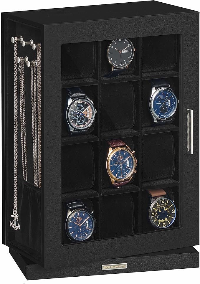 SONGMICS Watch Box 12 Slots with Glass Windows, 360° Rotating Vertical Watch Display Case