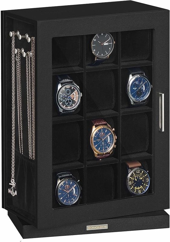 SONGMICS Watch Box 12 Slots with Glass Windows, 360° Rotating Vertical Watch Display Case SONGMICS Watch Box 12 Slots with Glass Windows, 360° Rotating Vertical Watch Display Case