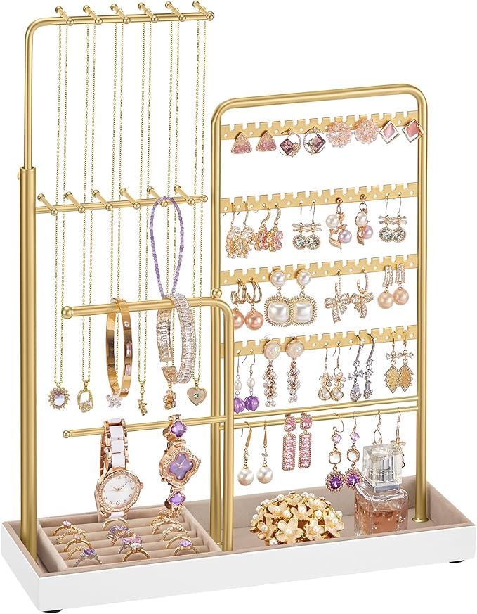 SONGMICS Jewelry Holder, Jewelry Storage Organizer Stand with Metal Frame, Velvet Tray