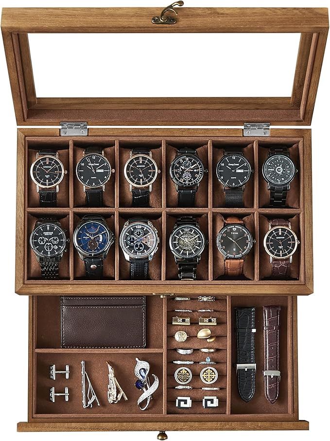 SONGMICS 12-Slot Watch Box, 2-Tier Watch Display Case with Large Glass Lid