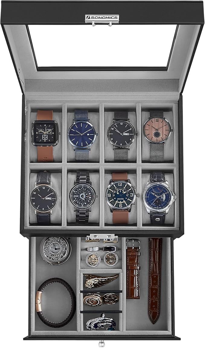 SONGMICS Watch Box, 8-Slot Watch Case Organizer with Large Glass Lid