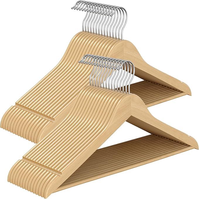 SONGMICS Wooden Hangers, Coat Hangers, Pants Bar, 360° Swivel Hooks, Solid Birch Wood