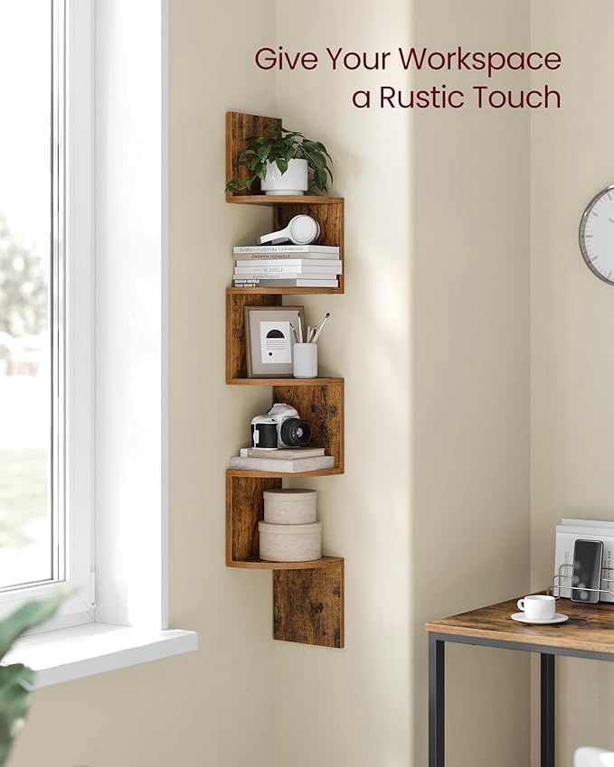 VASAGLE Corner Shelf Wall Mount, 5-Tier Floating Corner Bookshelf, Colour: Rustic Brown