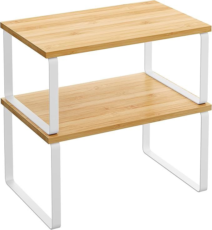 SONGMICS Cabinet Organizer Shelf, Set of 2 Kitchen Counter Shelves,, Colour: White Legs &amp; Oak Top