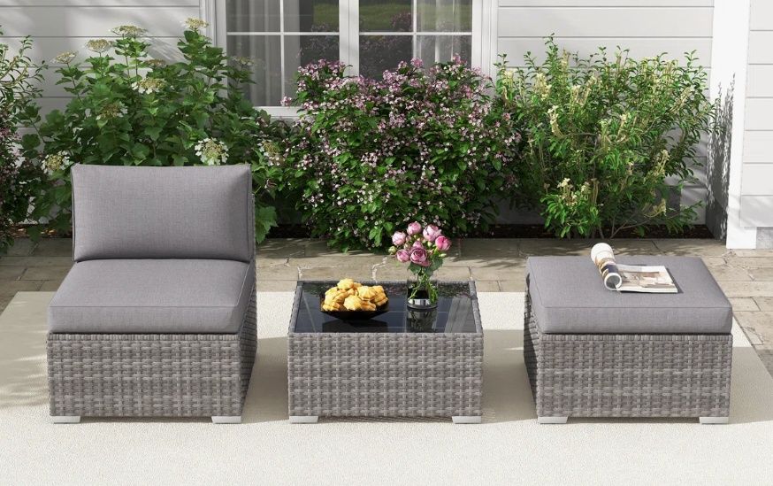 Outdoor Seating Groups Sets With Ottoman &amp; Side Table Black Cushions &amp; Grey Wicker MSRP $409.00