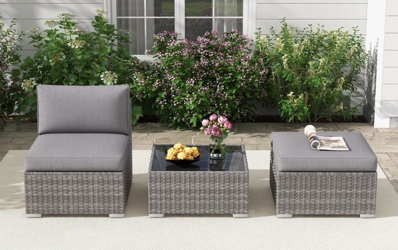 Outdoor Seating Groups Sets With Ottoman &amp; Side Table Black Cushions &amp; Grey Wicker MSRP $409.00