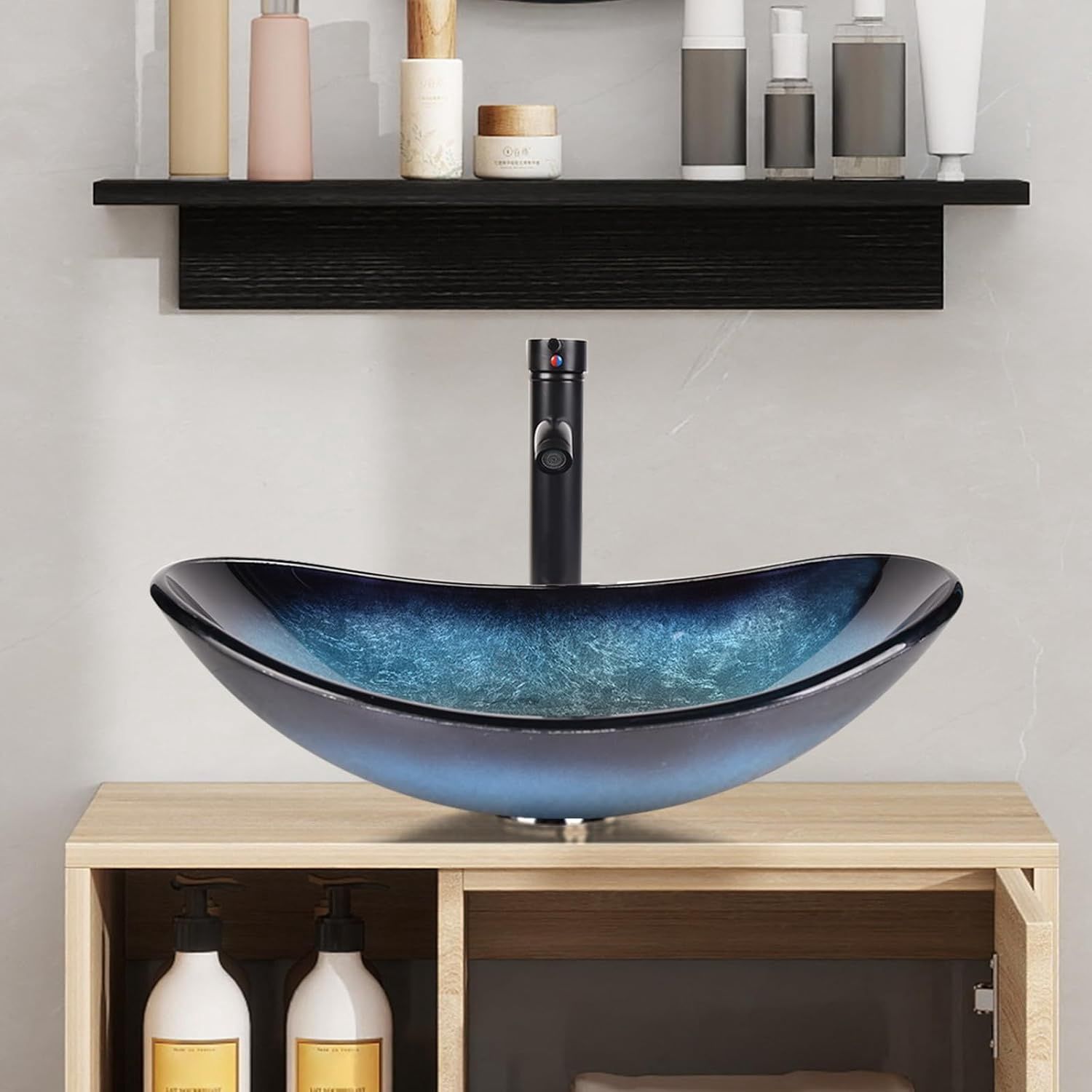 YOURLITE 24" Pop Up Drain Set Blue Glass Boat Bathroom Sink