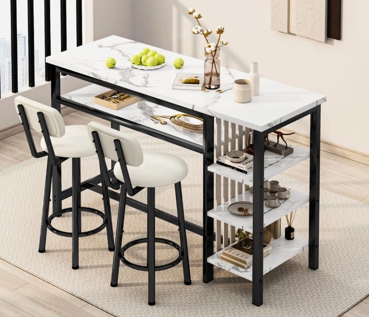 Modern 3-Piece Bar Table Set with PU Cushion Stools &amp; 3-Tier Storage