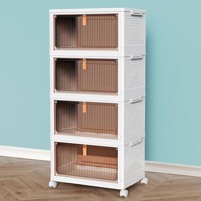 4 Tier Stackable Storage Bins with Lids, 23Qt Plastic Storage Containers with Magnetic Doors 4 Tier Stackable Storage Bins with Lids, 23Qt Plastic Storage Containers with Magnetic Doors
