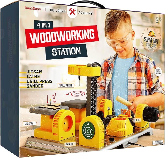 Dan&amp;Darci 4 in 1 Woodworking Station for Kids - Wood Building Projects Kit for Boys