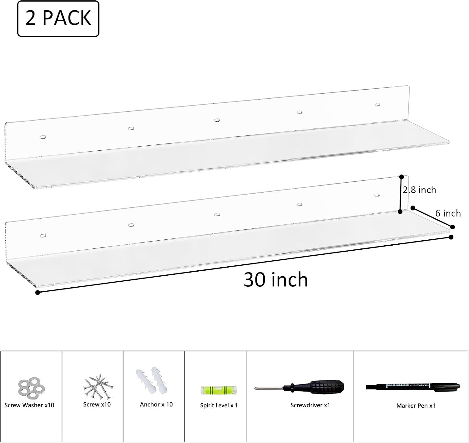 Sezanrpt 30 Inches Clear Long Floating Shelves for Wall