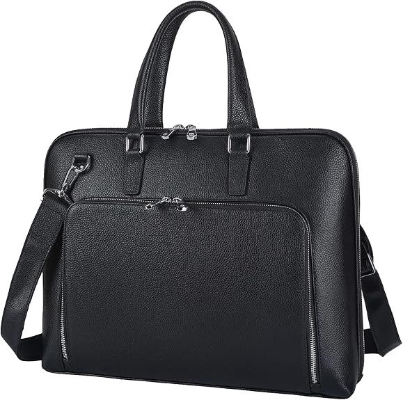 Masa Kawa Black Leather Slim Briefcase for Men Women Fits 15.6-16 Inch Laptop