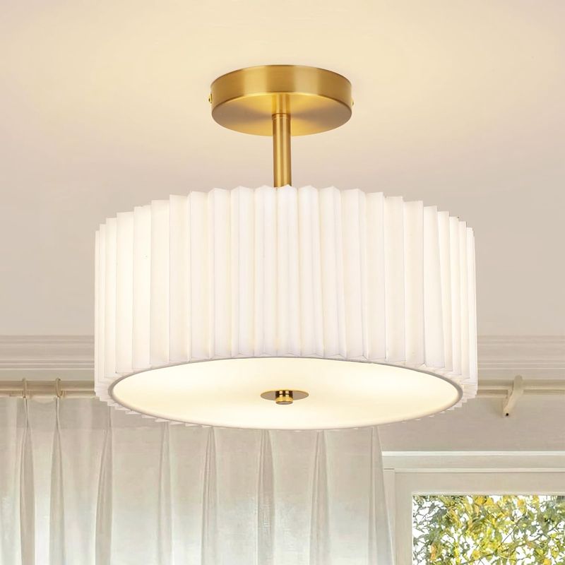 Semi Flush Mount Ceiling Light with Pleated Fabric Shade, 12.5”