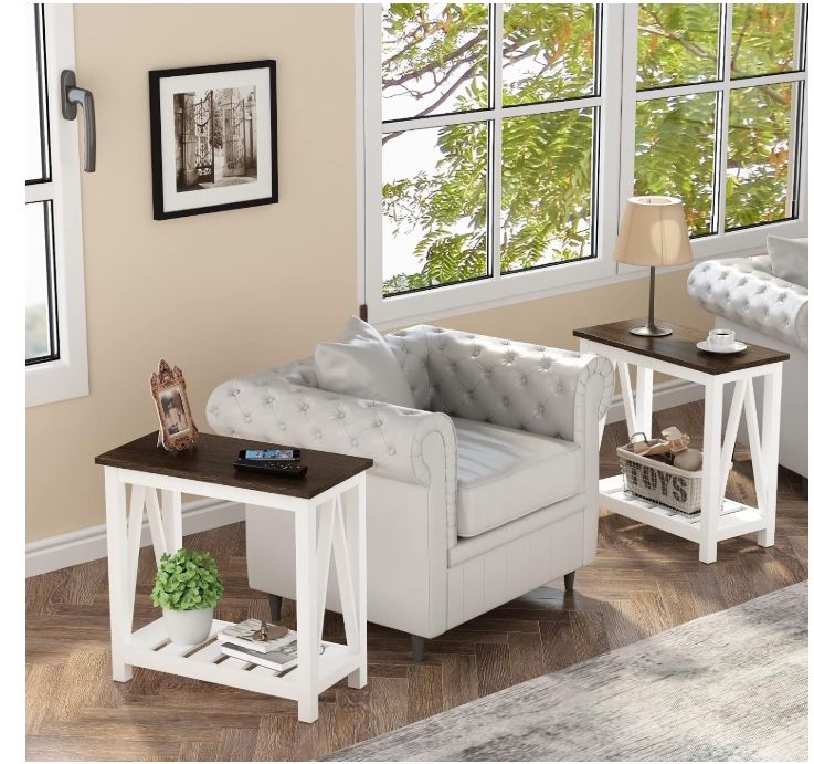 ChooChoo Farmhouse End Table Set of 2, Narrow Side Table with Shelf | Slim Bedside Table ChooChoo Farmhouse End Table Set of 2, Narrow Side Table with Shelf | Slim Bedside Table