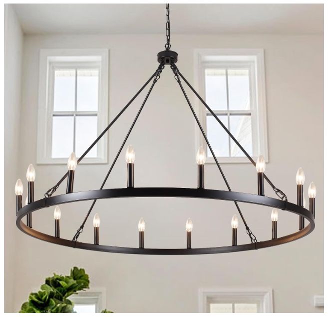 16-Lights Wagon Wheel Chandelier 47 Inch Black Chandelier Light Fixture Farmhouse