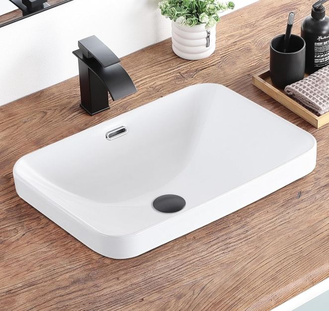 Bathroom Vessel Sink 20.6'' x 14.7'' Semi Recessed Bathroom Sink Rectangular Drop