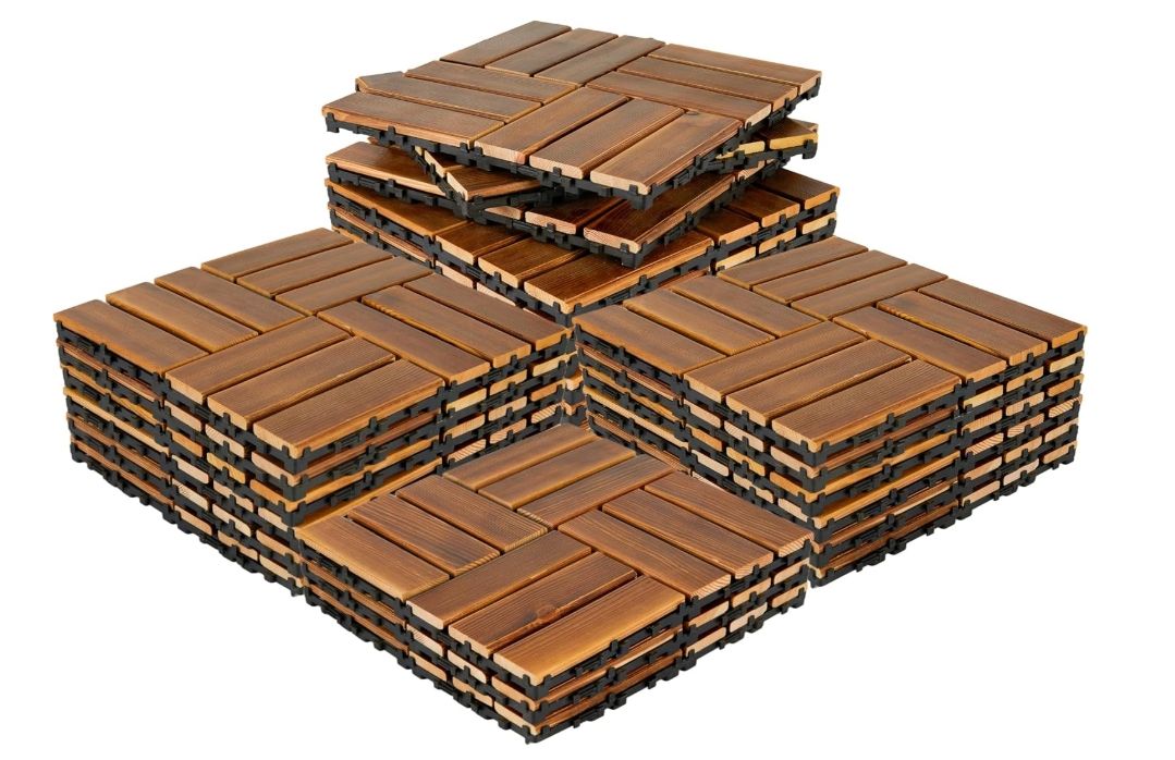 30 Pcs Interlocking Deck Tiles Solid Wood, Patio Floor Decking Tiles 12 x 12