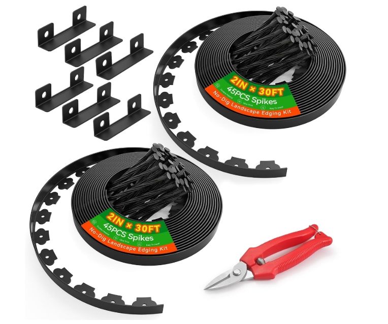 2" Tall 60ft No Dig Landscape Edging Border with 90PCS 8" Plastic Spikes & 6 PCS 2" Tall 60ft No Dig Landscape Edging Border with 90PCS 8" Plastic Spikes & 6 PCS