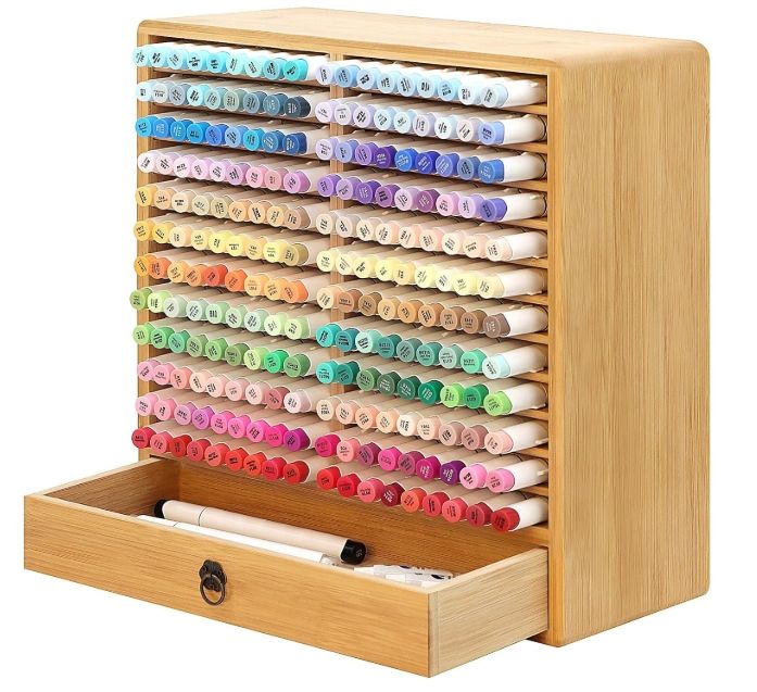 Marker Organizer, 24 Slots Wooden Storage for Up to 216 Markers with Drawer