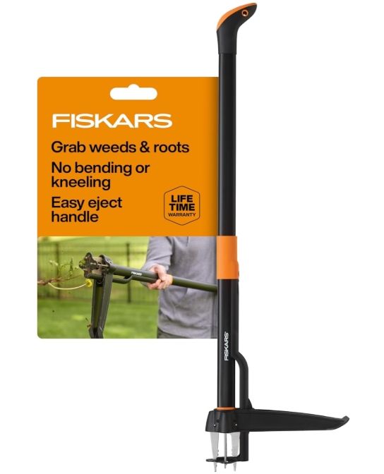 Fiskars Stand-Up Weed Puller Tool, 4 Serrated Stainless Steel Claws Grip
