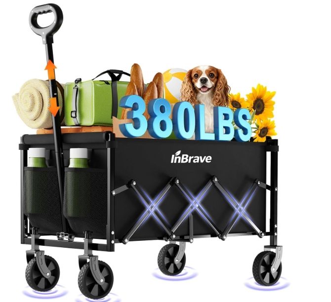 Folding Wagon Cart with All-Terrain Wheels, Collapsible Wagon with 380LBS