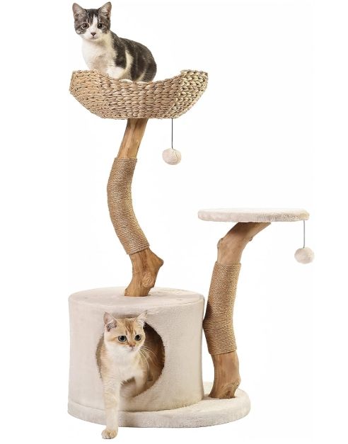 Modern Cat Tree for Indoor Small Cats - Real Wood Cat Tower with Scratch Post Modern Cat Tree for Indoor Small Cats - Real Wood Cat Tower with Scratch Post