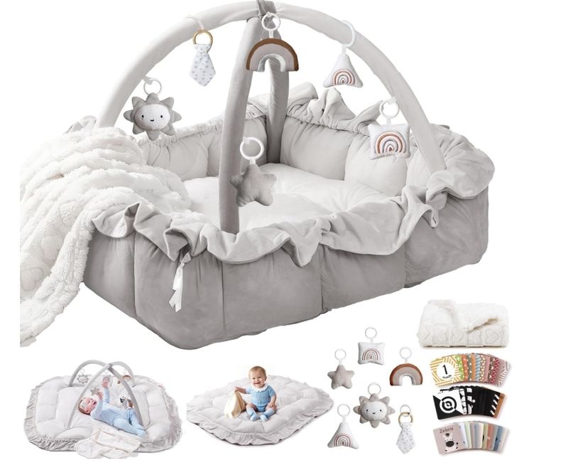 5-in-1 Plush Baby Play Gym, Baby Play Mats, Convertible Baby Gym with Blanket