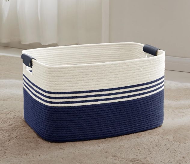 60L Woven Laundry Basket Hamper with Leather Handles,Navy 60L Woven Laundry Basket Hamper with Leather Handles,Navy