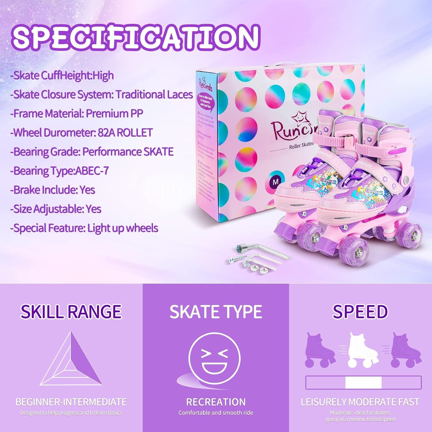 Runcinds Roller Skates for Girls Kids Boys, 4 Size Adjustable Runcinds Roller Skates for Girls Kids Boys, 4 Size Adjustable