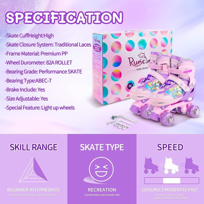 Runcinds Roller Skates for Girls Kids Boys, 4 Size Adjustable Runcinds Roller Skates for Girls Kids Boys, 4 Size Adjustable