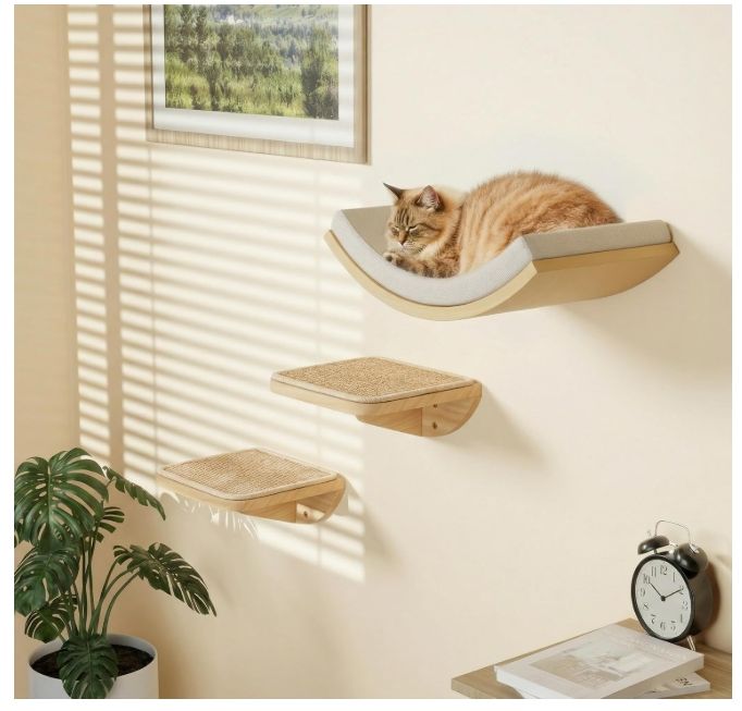 Cat Window Perches, Curved Cat Wall Beige Bed and 2 Floating Wall Steps Cat Window Perches, Curved Cat Wall Beige Bed and 2 Floating Wall Steps