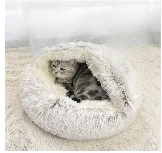 Cat Bed Round Fluffy Hooded Cat Bed Cave, Anti-Anxiety Cave Bed with Hooded Blanket