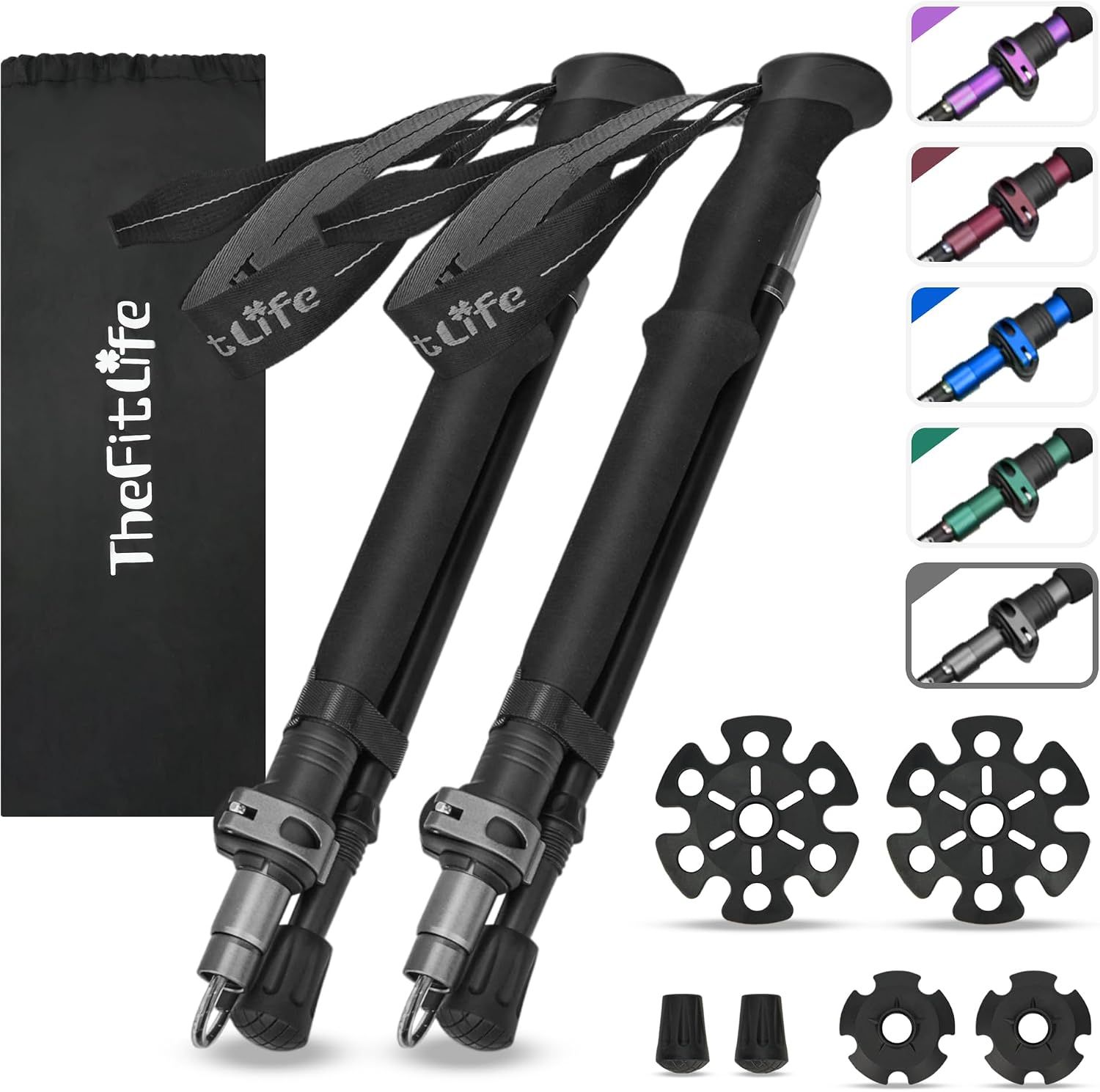 (ALL BLACK) TheFitLife Collapsible Trekking Poles for Hiking