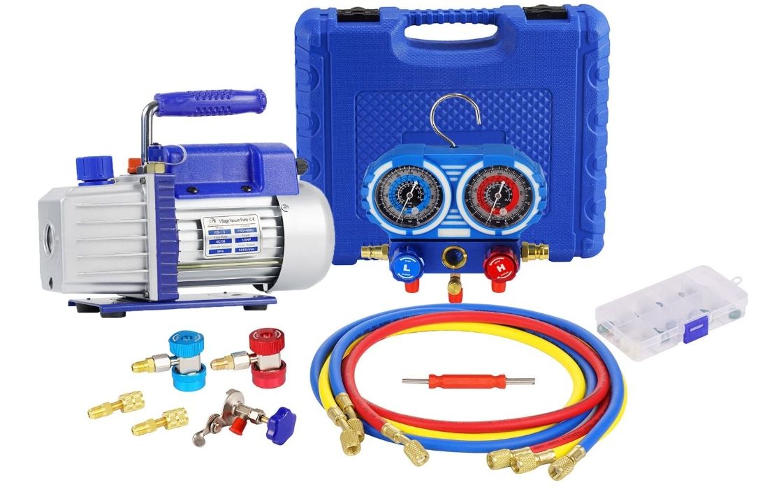 4CFM 1/3HP Single Stage Vacuum Pump and 3-Way Manifold Gauge Set for R410A