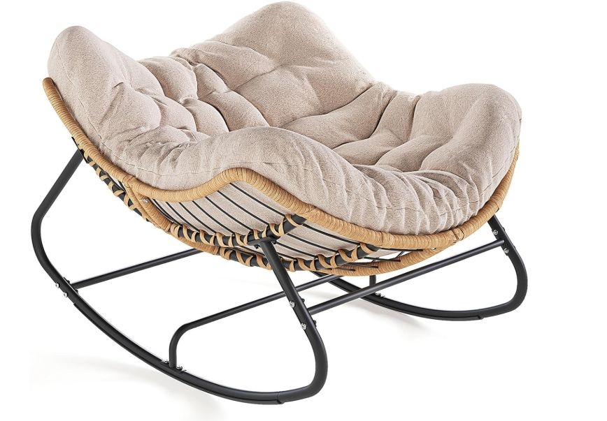SWITTE Outdoor Rocking Papasan Chair with Thick Cushion, Cream | Oversized Modern Wicker Lounge