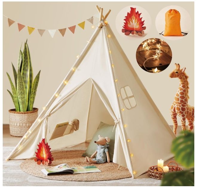 Tiny Land Teepee Tent for Kids with Star Lights & Campfire Toy | 47" × 47" × 60" Tiny Land Teepee Tent for Kids with Star Lights & Campfire Toy | 47" × 47" × 60"