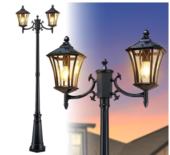 YSN 85" 2-Head Solar Lamp Post Light, Dusk to Dawn Solar Pole Lights